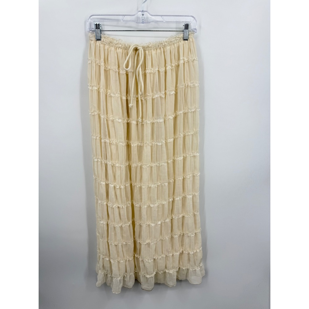 Unbranded Tiered Lace Trim Maxi Skirt Women Size M Cream Boho Pleated Drawstring